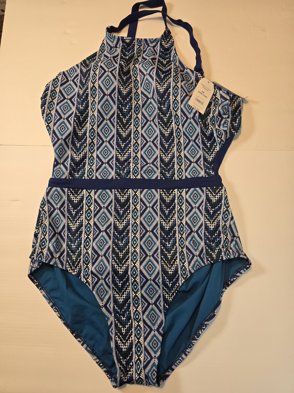 No Boundaries Blue Geometric Halter One-Piece Swim